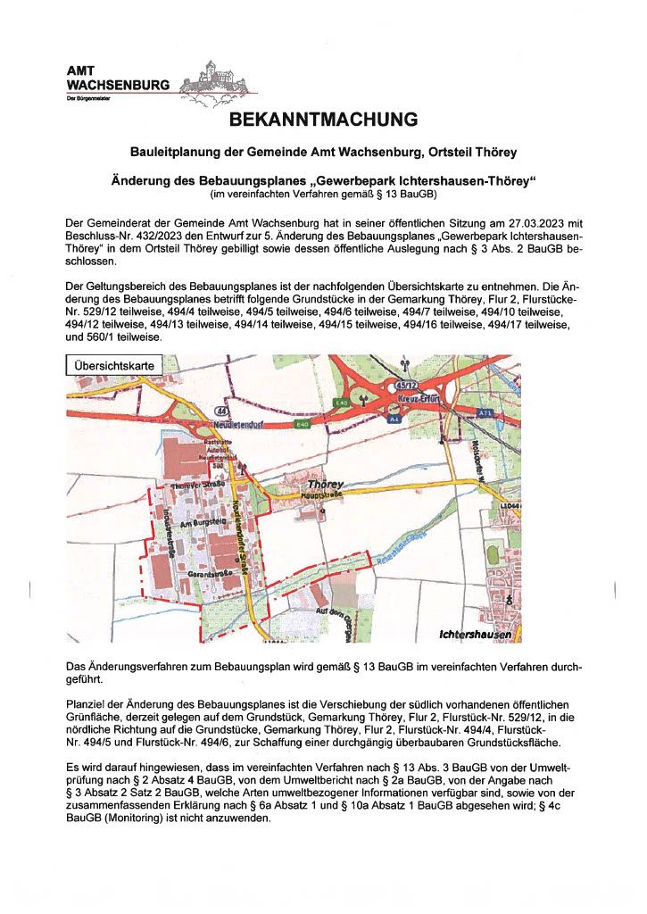 Änderung des Bebauungsplanes Gewerbepark Ichtershausen-Thörey 1